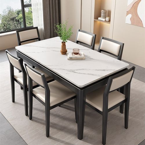 岩板餐桌椅组合现代简约家用长方形实木饭桌2023款歺桌黑色桌子
