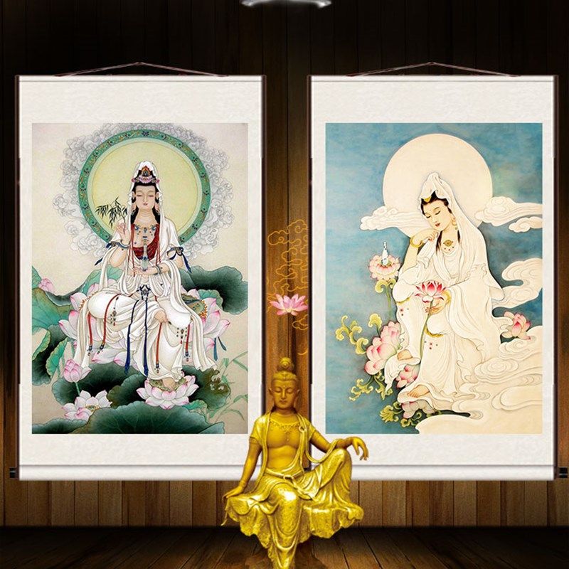 南海白衣杨柳送子观音大士净瓶施药观世音菩萨画像结缘卷轴挂画图