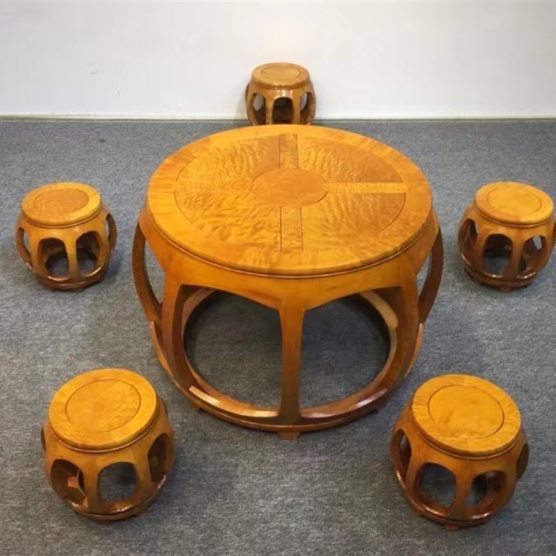 金丝楠木圆鼓桌圆餐桌中式古典饭桌明式休闲桌海棠茶桌打牌桌