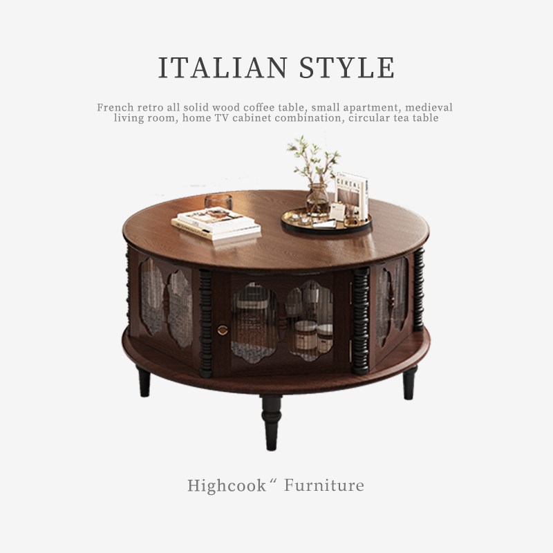 法式复古全实木茶几小户型中古客厅家用电视柜组合圆形茶桌子