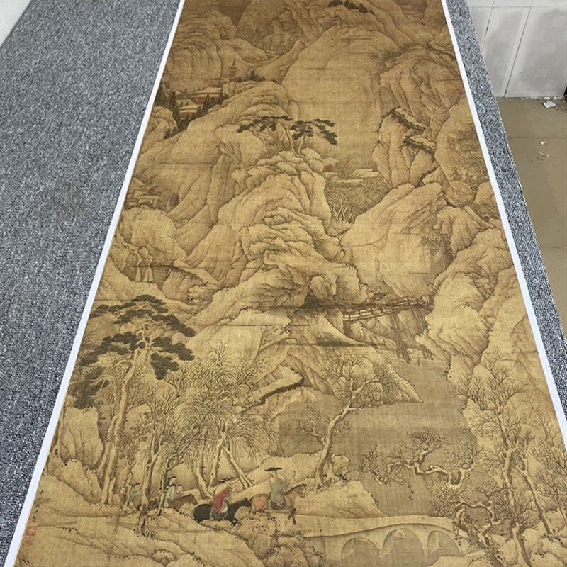 仇英 雪栈图绢本设色 仿古名家工笔山水人物立轴中堂装饰画微喷