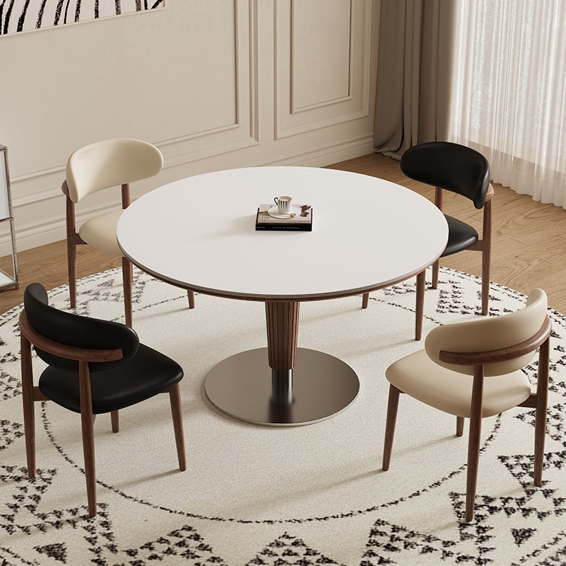 德利丰实木岩板餐桌圆形小户型1米纯白法式奶油中古风全托圆饭桌