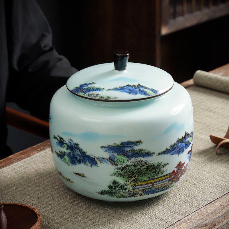 茶叶罐陶瓷茶罐存储罐送礼高档礼盒复古中式山水画茶缸大号密封罐