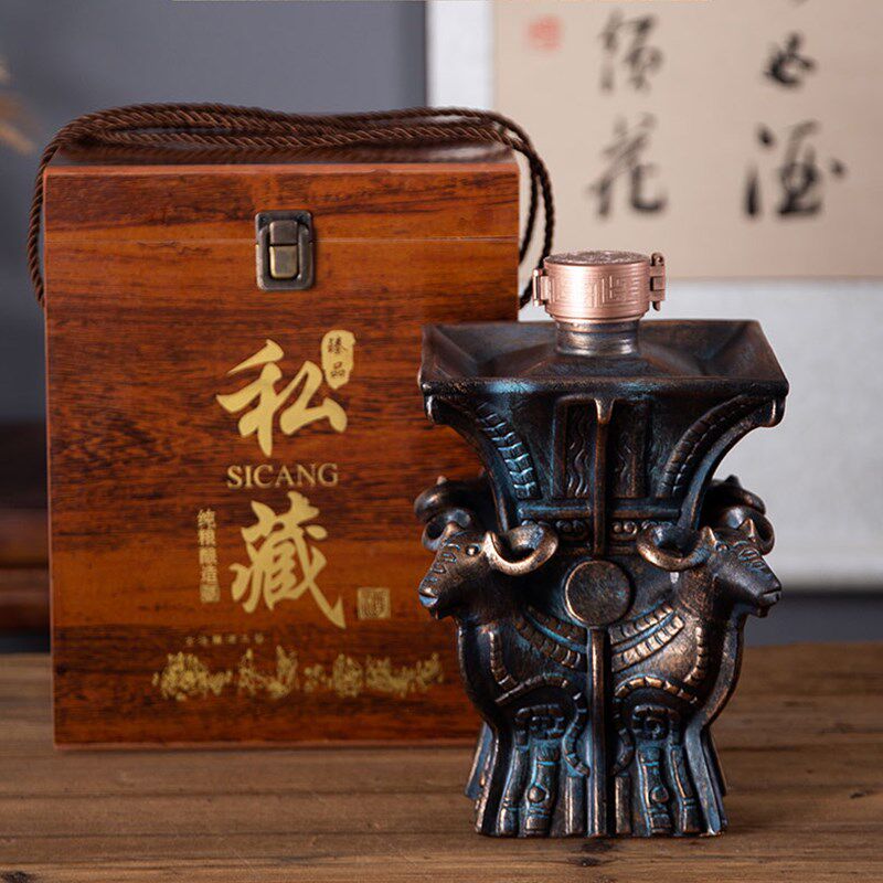 仿古陶瓷酒瓶四羊方尊中式高档装饰摆件3/5/10斤容量储酒空酒坛子