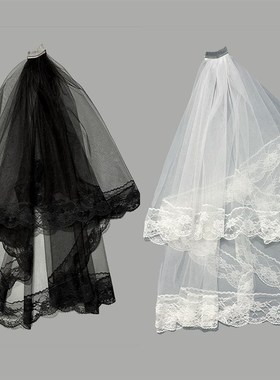 新娘结婚主婚纱头纱领证登记拍照道具黑色蕾丝花边万圣节拍照头纱