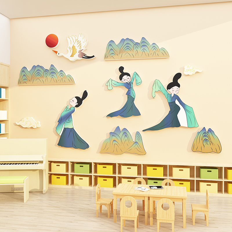 国潮风飞天壁画背景墙面装饰环创主题墙成品高端幼儿园教室文化墙