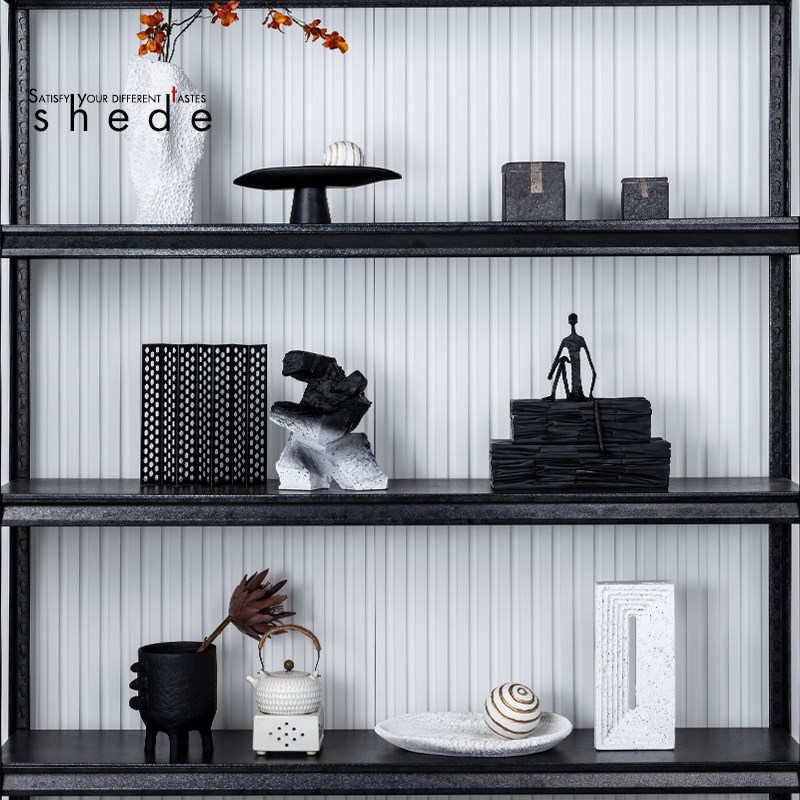 侘寂风样板间展厅书房书柜书桌客厅屏风柜玄关柜软装饰品摆件套装