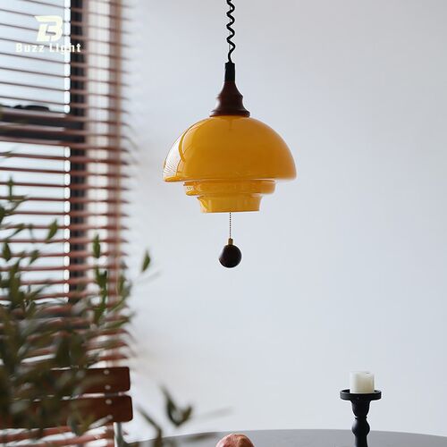 日落胡桃木色中古包豪斯餐厅吊灯卧室书房复古升降餐吧台玻璃灯具
