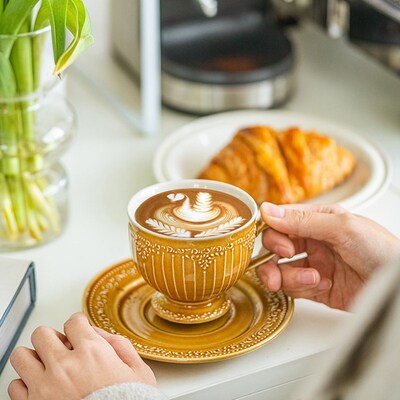 中古风锦绣咖啡杯碟 复古 家用餐厅陶瓷花茶杯下午茶拉花咖啡杯