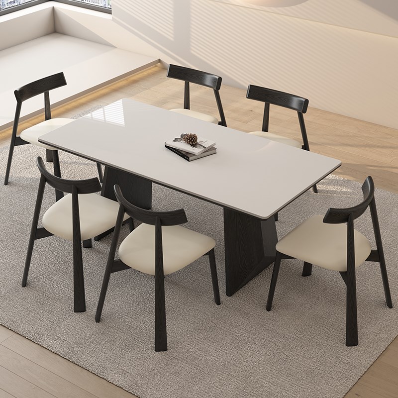 白蜡木德利丰实木岩板餐桌家用小户型黑色奶油中古风高级感饭桌子