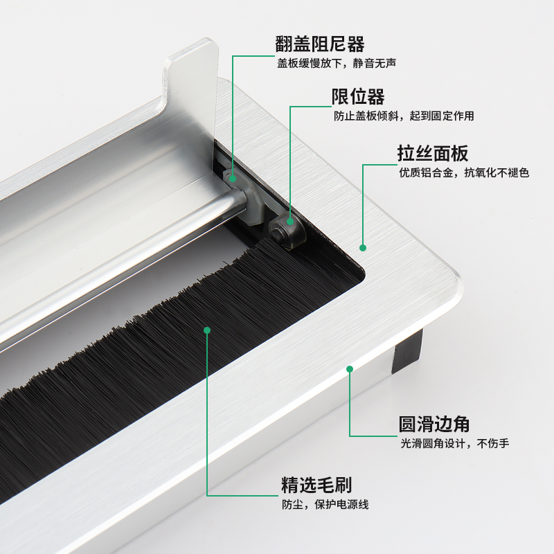 缓冲铝合金翻盖线盒电脑桌面穿线孔盖板带毛刷办公桌穿线盒装饰盖