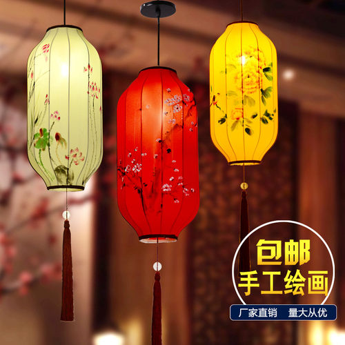 中式布艺手绘灯笼仿古典宫灯餐厅茶楼过道创意冬瓜长形布艺吊灯具