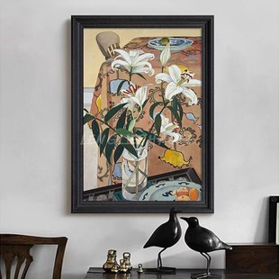 百合花客厅餐厅治愈系纯手绘油画抽象静物法式中古风玄关装饰挂画