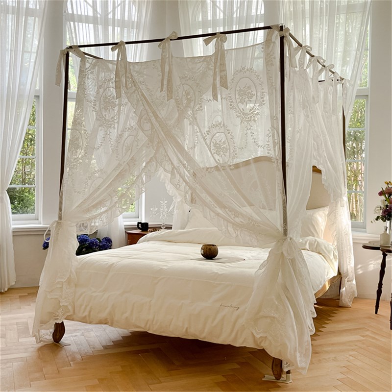 家用高端宫廷落地式白色蕾丝蚊帐三开门加厚加密公主风帐纱带支架