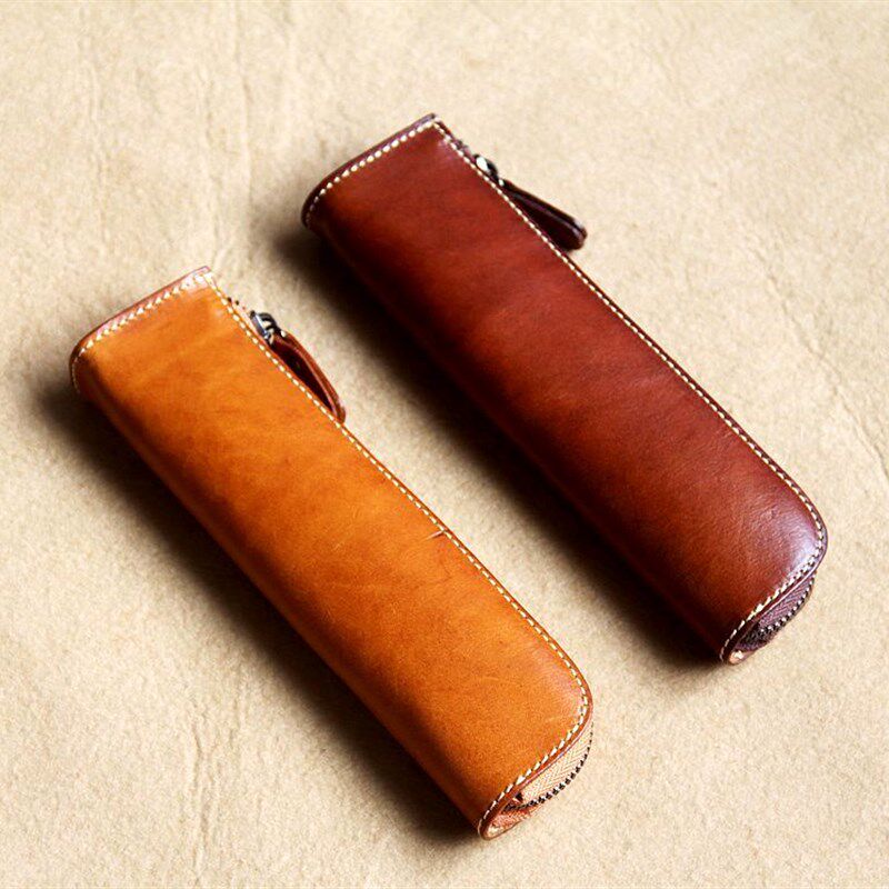 日系植鞣牛皮笔袋简约商务头层牛皮笔袋手工复古文具袋真皮笔袋