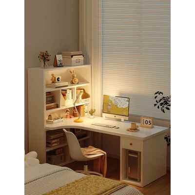 电脑桌梳妆台一体卧室床边拐角化妆台l型书桌转角化妆桌子带书柜
