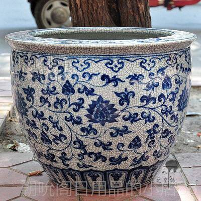 高档景书德镇陶瓷器裂纹釉绘青花手瓷鱼缸国风睡中莲荷花画缸锦鲤