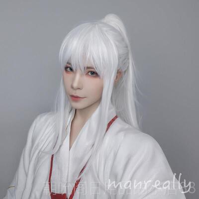 高档漫真假发风假毛古cos万用汉服品白色虎口男夹马尾长发饰逼真