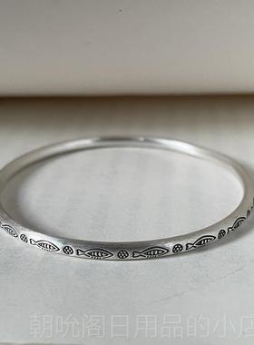 高档菩提树下足银纯鱼银小花复古做旧泰纹国银手工闭口女款手镯手