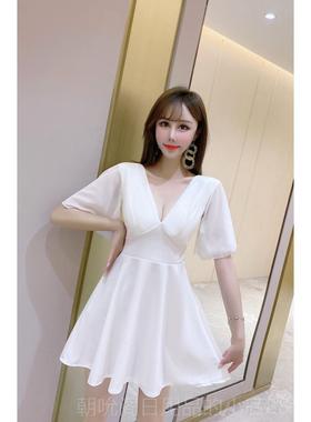 高档性感白色V夜酒吧遮店肚夏连衣裙工作服夜女领装总会显瘦低胸
