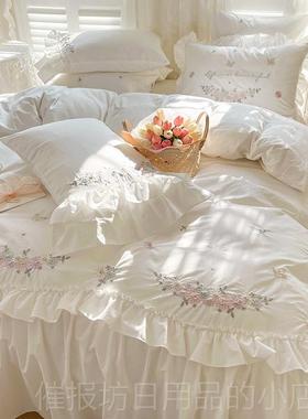 正品in网红纯棉四件套100刺全棉公主风荷叶边白色被套绣s少女心床