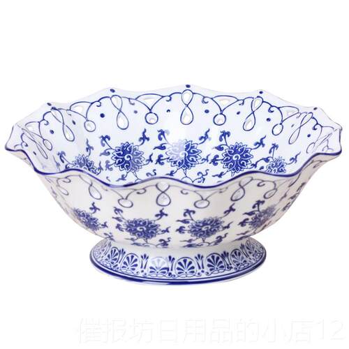 正品花景德厨镇陶瓷号青大荷叶边大水果盘高温烧制房收纳手绘创意