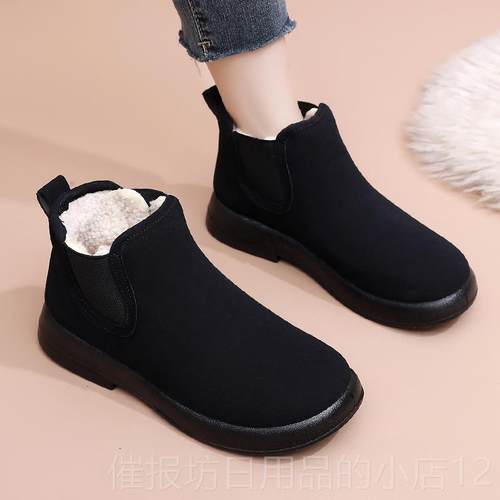 正品024冬加绒妈女棉鞋保季暖妈鞋平底舒适百搭短靴2软底防滑马丁