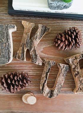 JK慕空间 天然树皮原木装饰英文字母数字 复古木质墙贴拍摄道具