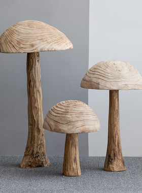 创意实木蘑菇落地摆件样板房客厅玄关软装饰酒店大堂售楼处艺术品