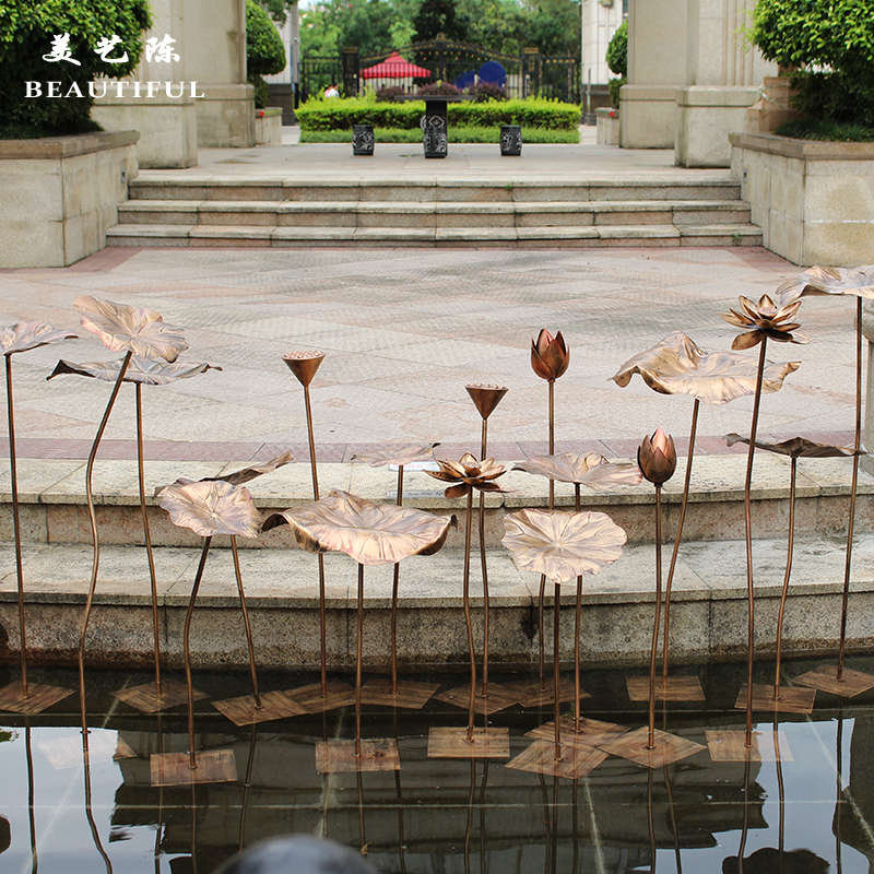 高档不锈荷叶古铜色摆件酒店会所大厅水池景观金属荷花落地软装饰