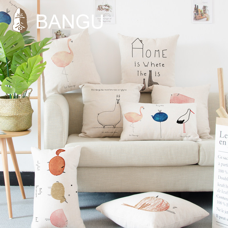 简约靠垫套抱枕手绘风格小动物火烈鸟羊驼卡通沙发办公室靠枕