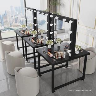 可移动双面带灯化妆台影楼铁艺化妆桌学校专业化妆镜子带轮梳妆台