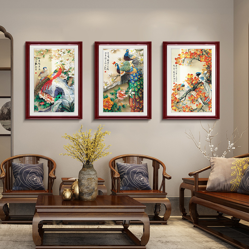 花鸟孔雀装饰画现代中式客厅沙发背景墙挂画卧室三联壁画有框画