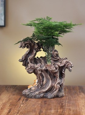 桌面摆件微景观造景植物仿树桩花盆树根桌面装饰摆件绿植盆栽室内