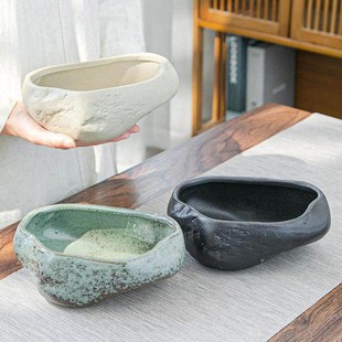 天然鹅卵石花盆水培鱼缸造景宠物食盆多肉花瓶原生态溪流石头水盆