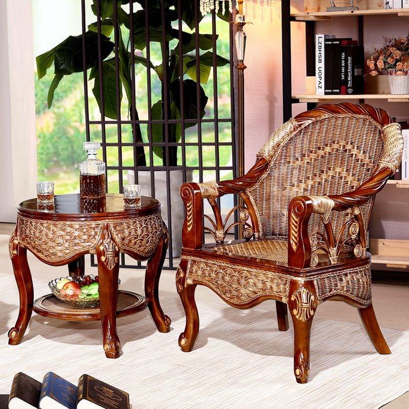 阳台实木真藤编休闲桌椅家用藤椅茶几三件单人会客