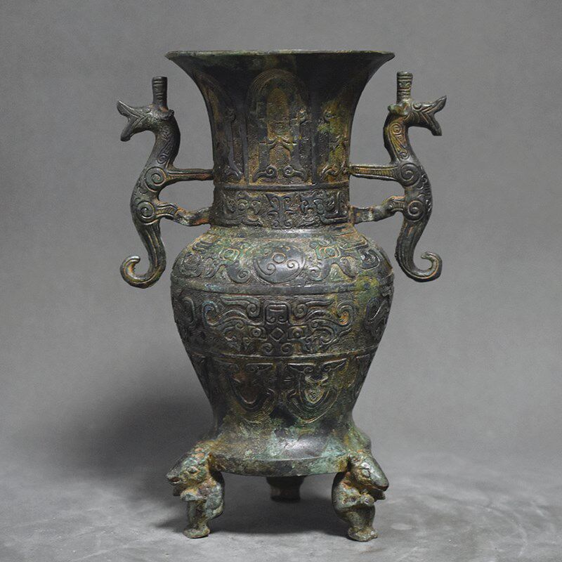 仿古青铜器双龙瓶铜瓶投壶工艺品摆件家居装饰复古博古架玄关