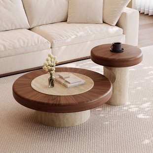 轻奢高级感茶几组合中古风客厅家用圆形实木创意洞石茶几