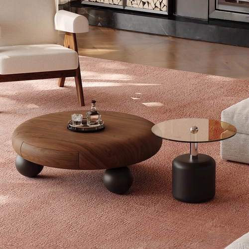 中古复古胡桃色圆形储物茶几