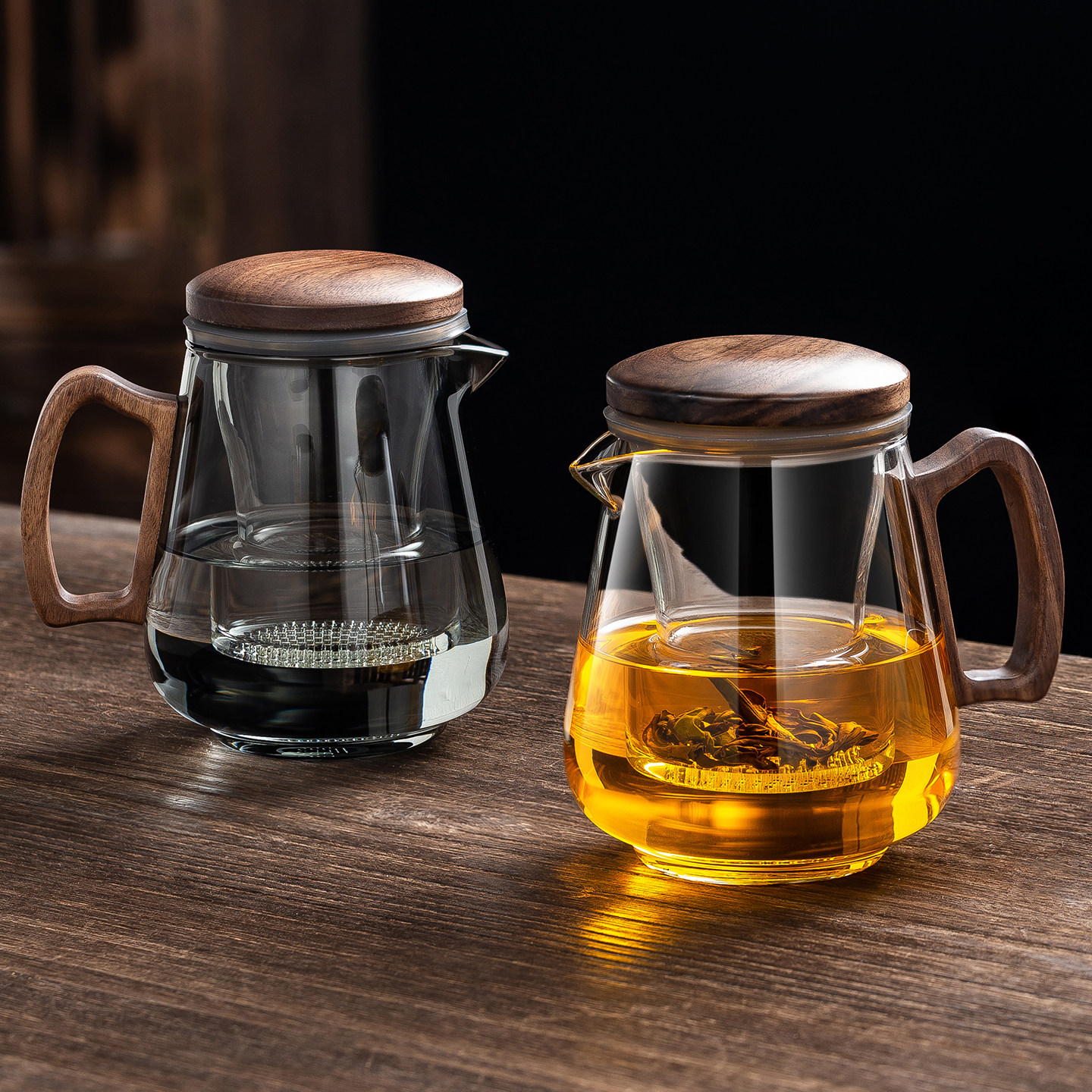加厚玻璃泡茶壶茶水分离泡茶杯带盖胡桃木花茶杯家用办公室冲茶器