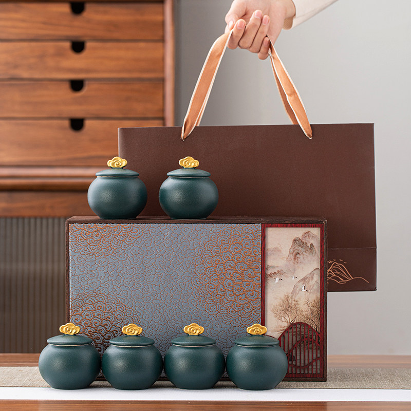 中式复古茶叶包装盒空盒陶瓷小茶罐6罐礼盒装红茶绿茶碎银子定制