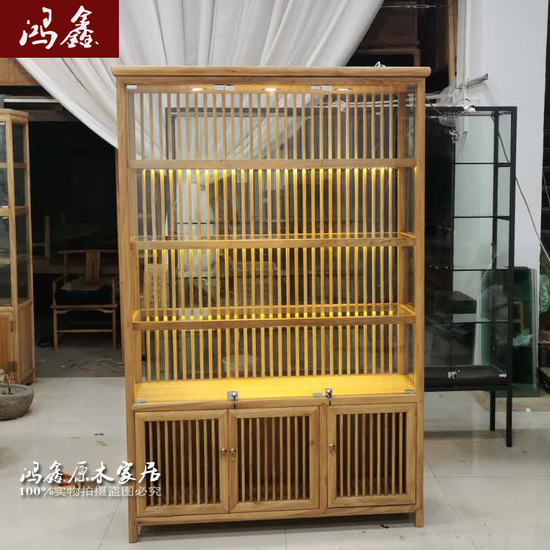 老榆木玻璃酒柜珠宝首饰展示柜射灯柜原木茶叶柜货架玉器展示柜