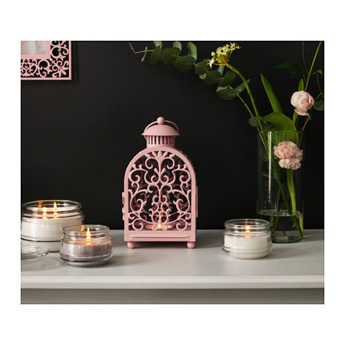 欧式蜡烛台 复古摩洛哥镂空雕花婚庆烛台摆件 铁艺玻璃风灯 粉白
