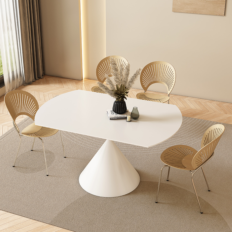 奶油风岩板餐桌可变圆桌现代简约家用小户型多功能旋转伸缩折叠桌