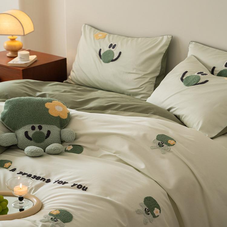 100支_长绒棉四件套全棉贡缎裸睡纯棉三4件套可爱毛巾绣床单床笠