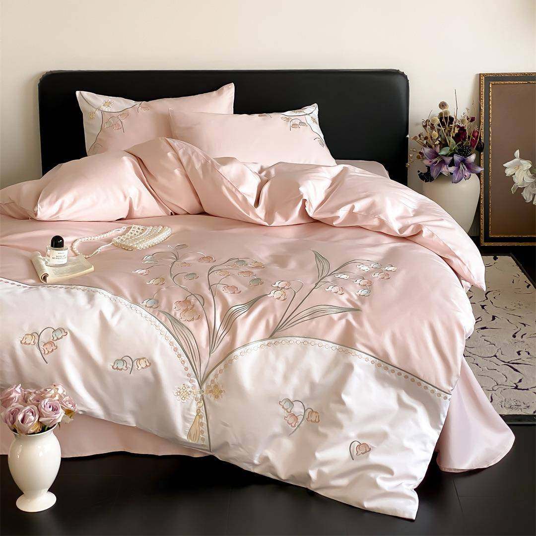 小清新高支高密纯棉四件套100S长绒棉铃兰花刺绣被套全棉床上用品