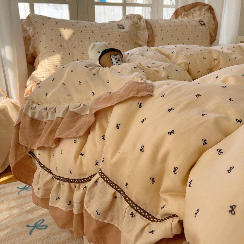 韩式复古轻奢全棉双层纱花边床盖三件套绗缝夹棉亲肤透气炕盖床单