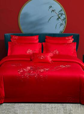 正品140s套全棉结婚四件新婚支大红色婚刺绣床上用品庆六十多件套