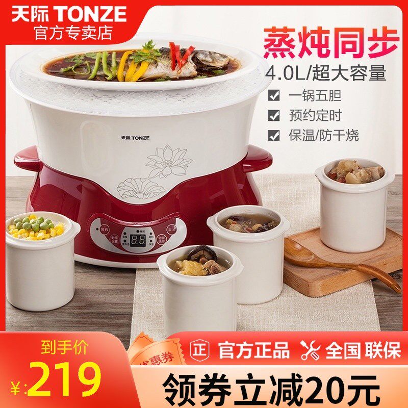 天际电炖炖锅陶瓷家用隔水炖盅全自动5人6煲汤锅大容量一锅五胆4L