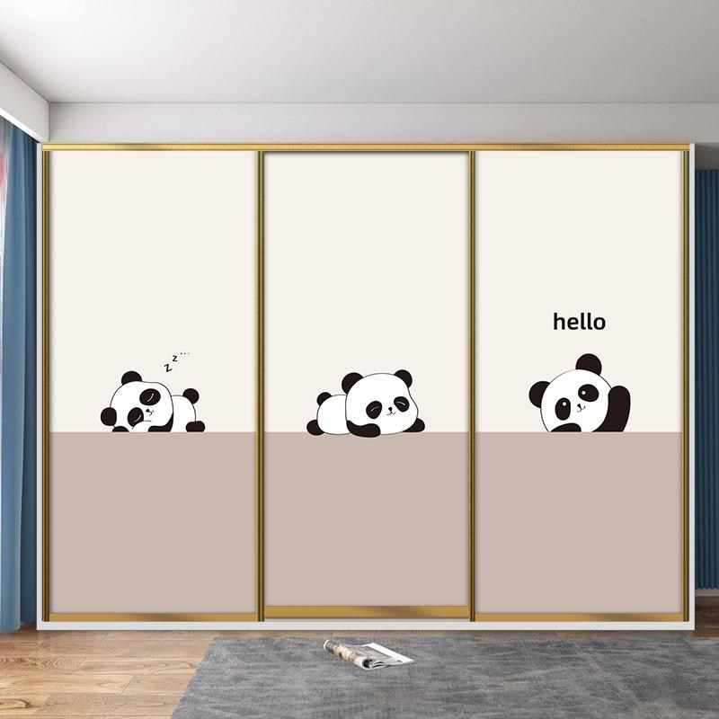 卡通熊猫奶油风卧室衣柜门翻新贴纸自粘美化改造玻璃不透明贴膜